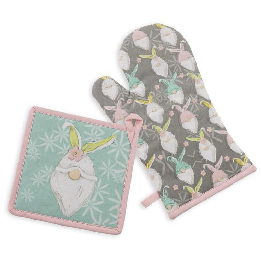 🟣 Bunny Gnome Oven Mitt and Pot Holder NWT Gray, Pastel Pink and Pastel Green